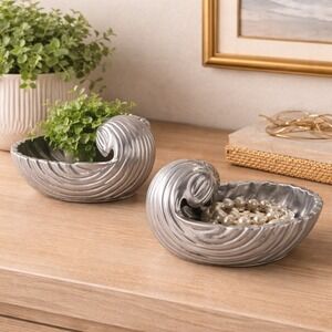 Vintage Cast Aluminum Nautilus Shell Bowls Set of 2 Coastal Decor